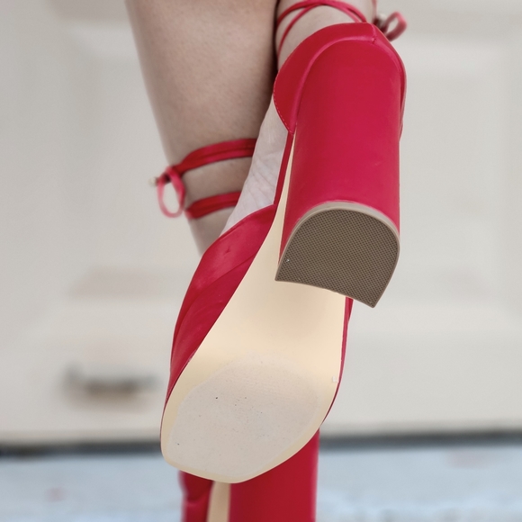 Womens Satin Platform Chunky Lace Up Heels Red Color - Picture 6 of 6